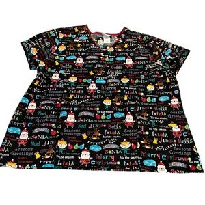 Vintage festive Christmas scrub top 2X Santa Elf Reindeer unique Christmas‎